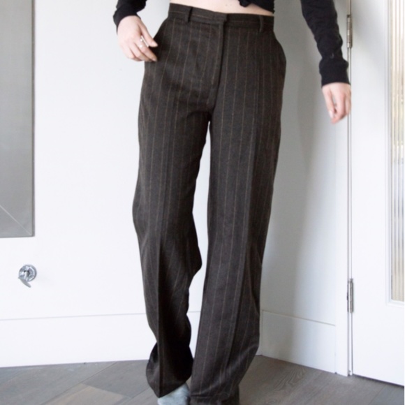 MAX MARA BROWN STRIPE FLAT FRONT WOOL BLEND PANT